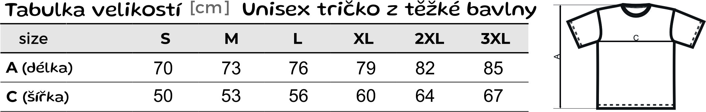 Tabulka-velikostí-unisex tričko z těžké bavlny
